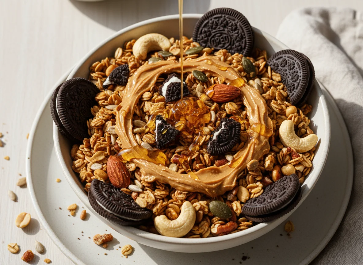 Granola bowl with peanut butter, honey, and cookies photo