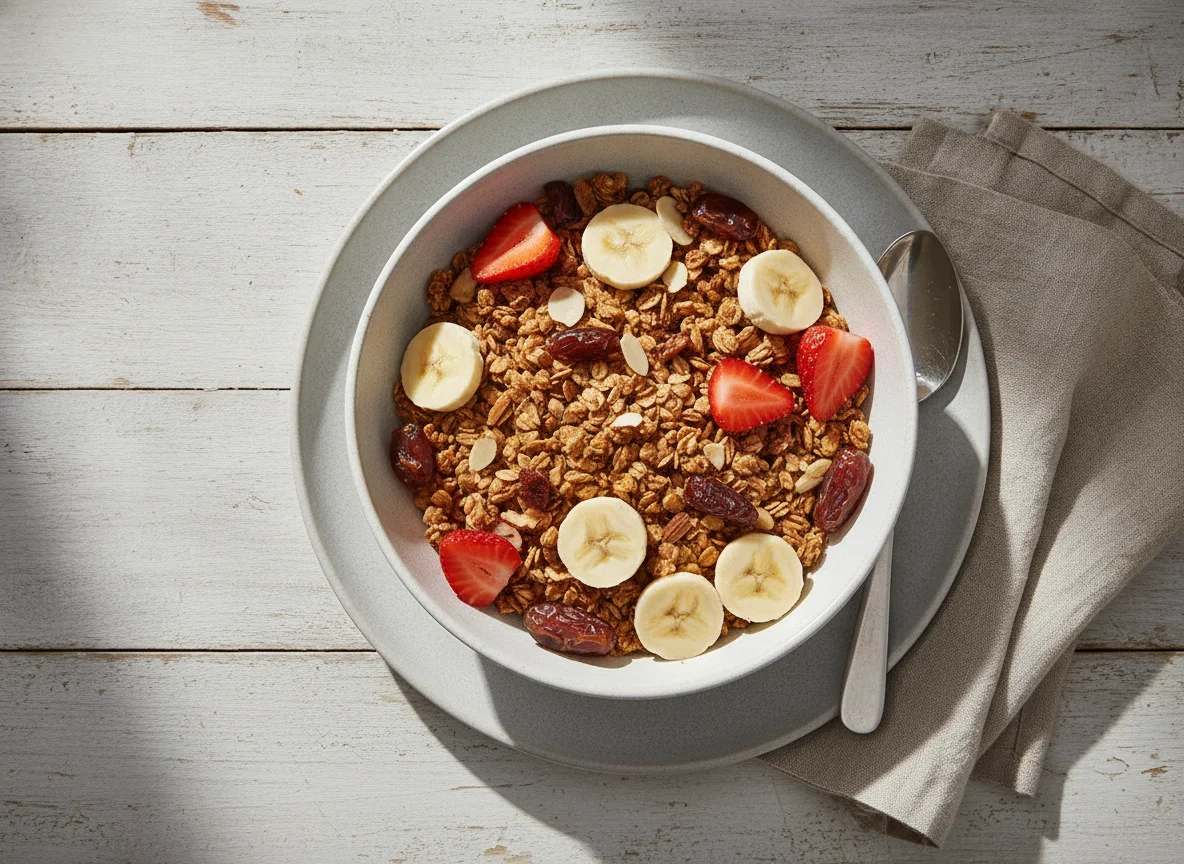 Granola bowl with strawberries and banana photo