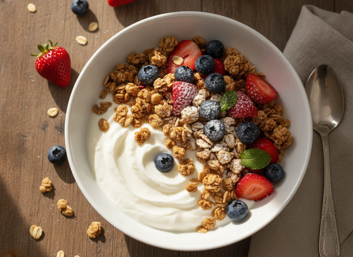 Granola bowl with strawberries and blueberries photo