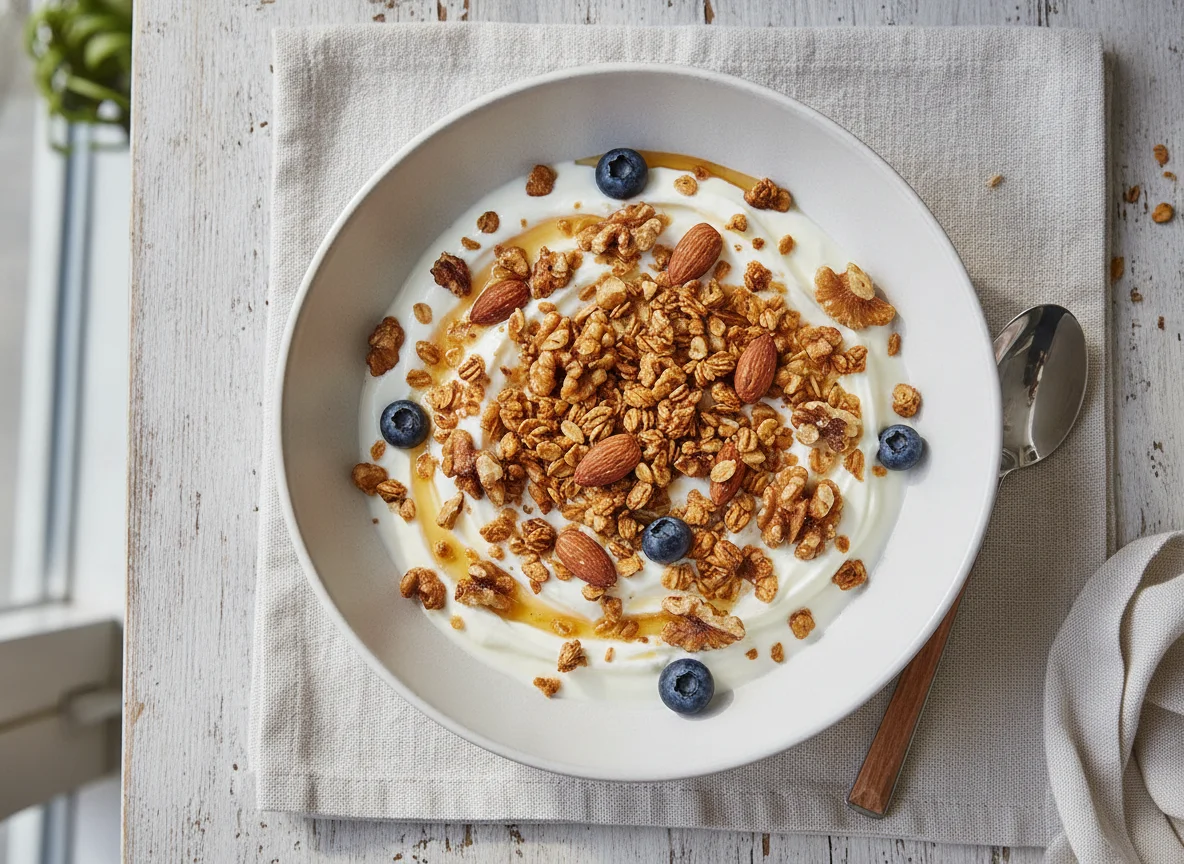 Granola bowl with yogurt and nuts photo