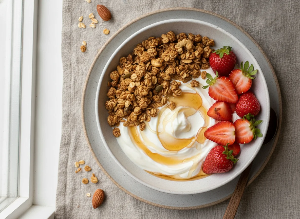 Granola bowl with yogurt, strawberries and honey photo
