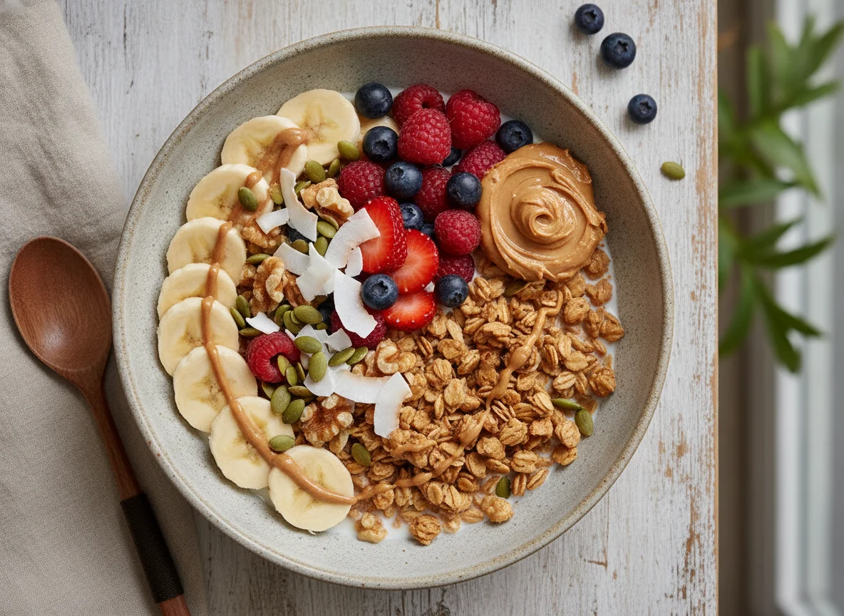 Granola Breakfast Bowl with Banana and Peanut Butter photo