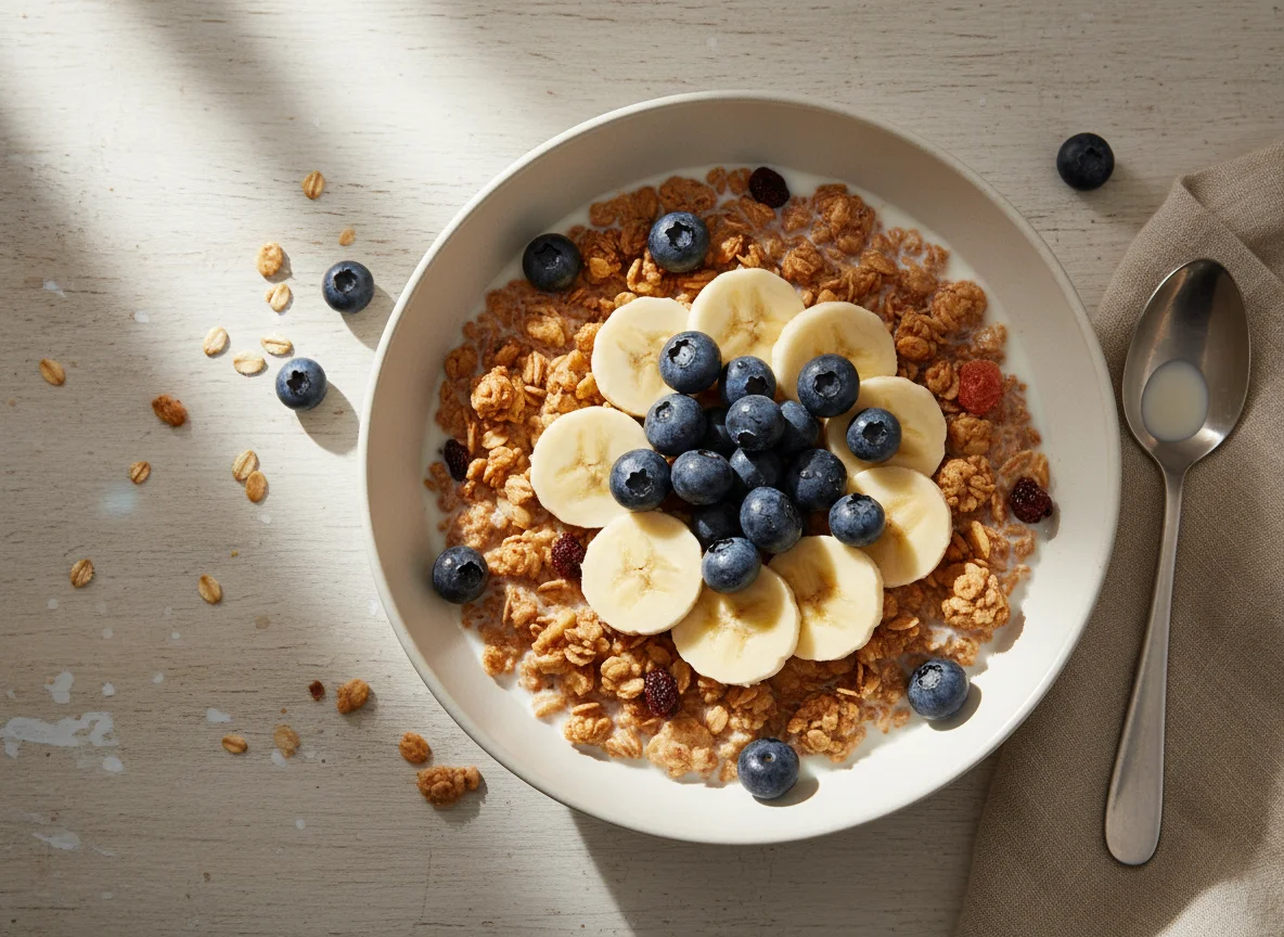 Granola with Banana, Blueberries, and Milk photo