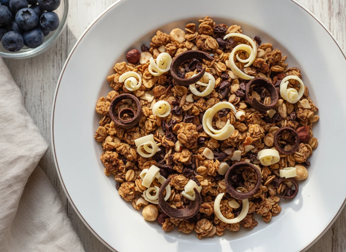 Granola with chocolate and white chocolate curls photo
