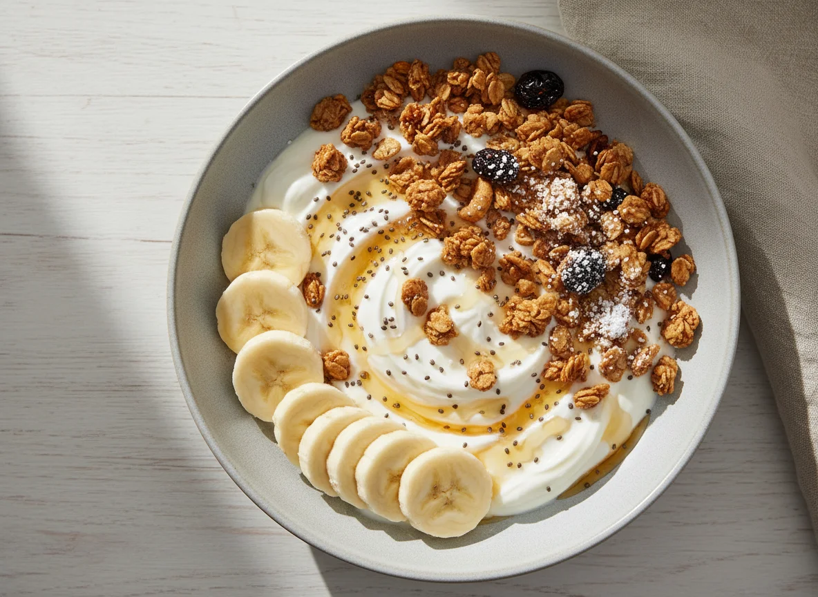 Granola with Greek yogurt, chia seeds, banana, honey and protein powder photo