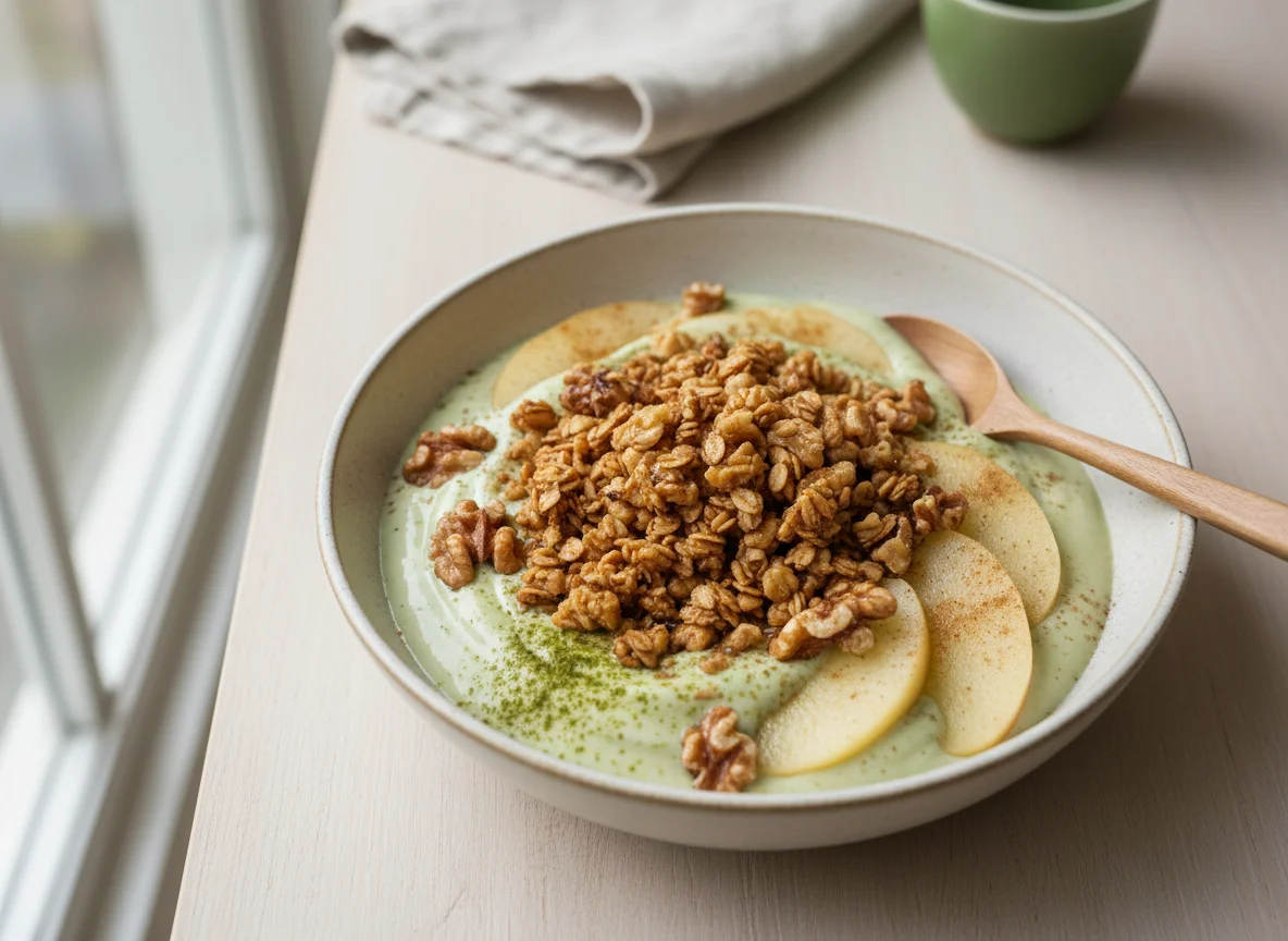 Granola with Matcha Greek Yogurt and Steamed Apple photo