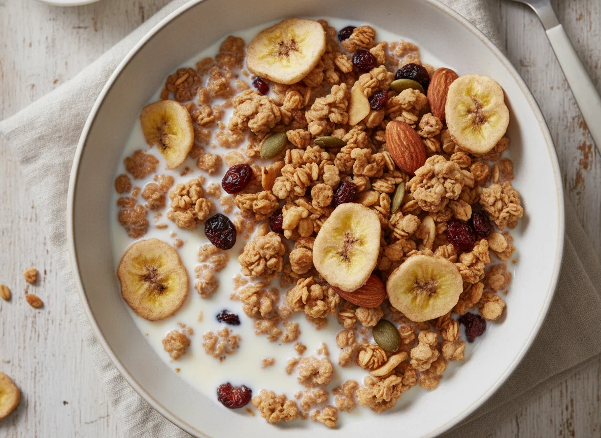 Granola with milk and banana chips photo