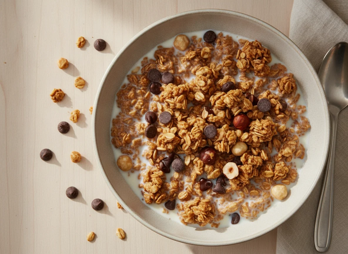 Granola with milk and chocolate chips photo