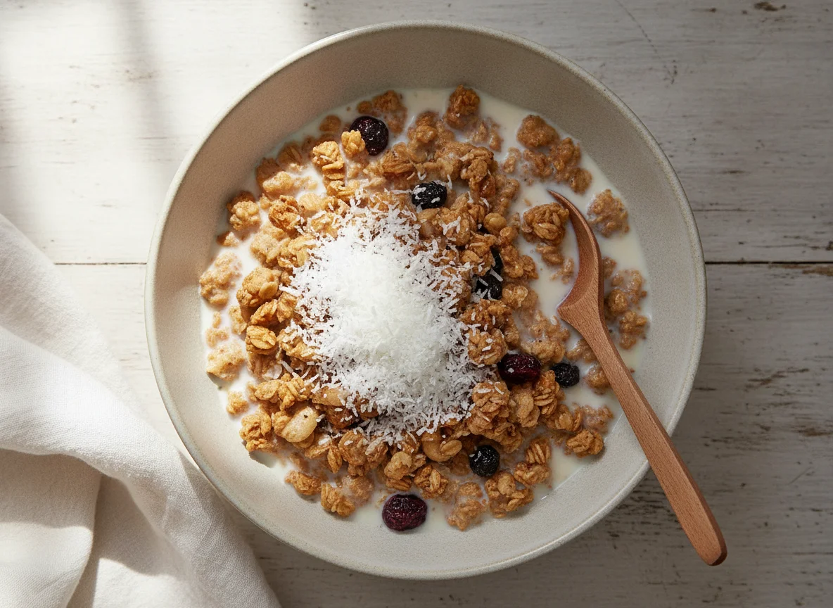 Granola with milk and coconut flakes photo