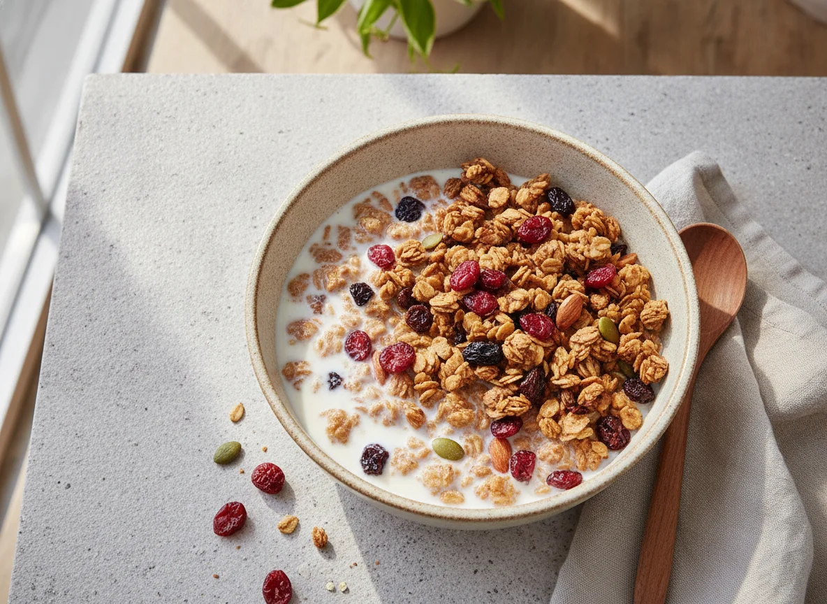 Granola with milk and dried berries photo