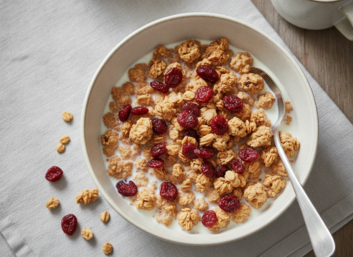 Granola with milk and dried cranberries photo