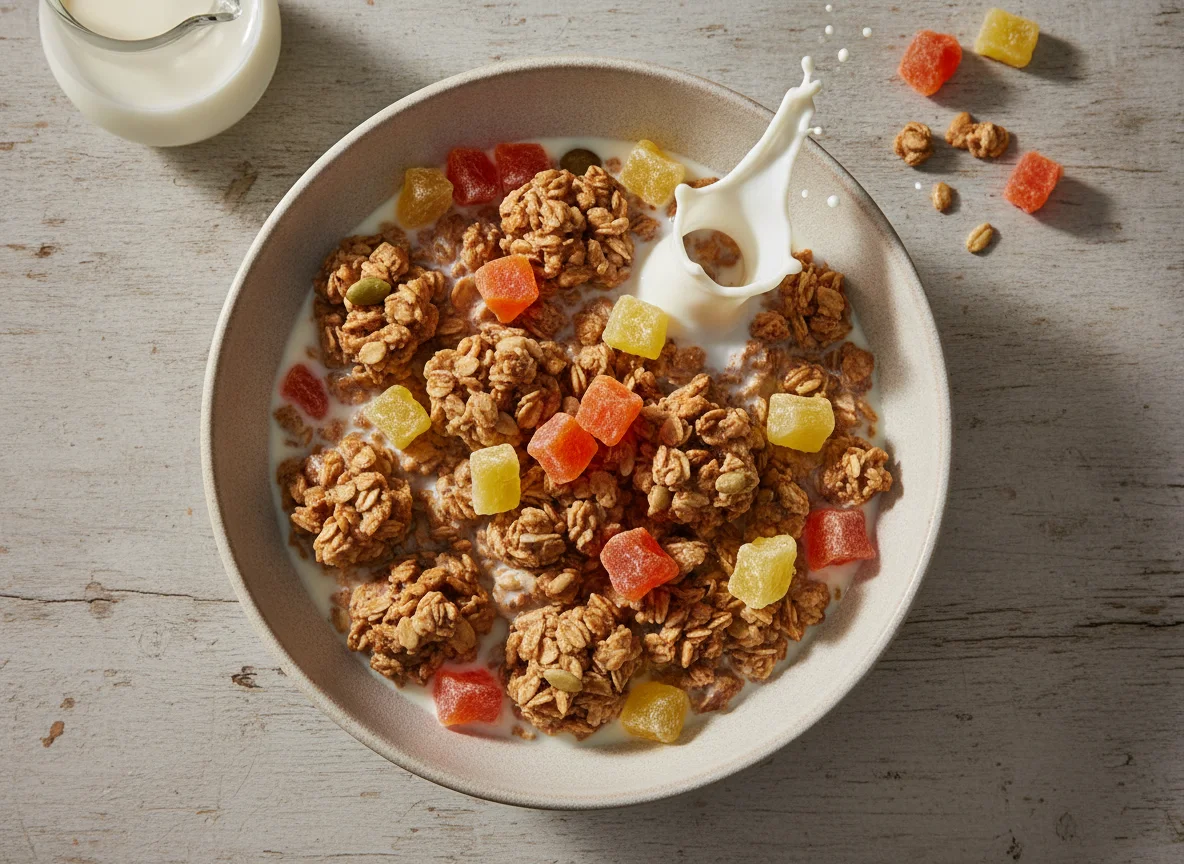 Granola with milk and dried fruit photo