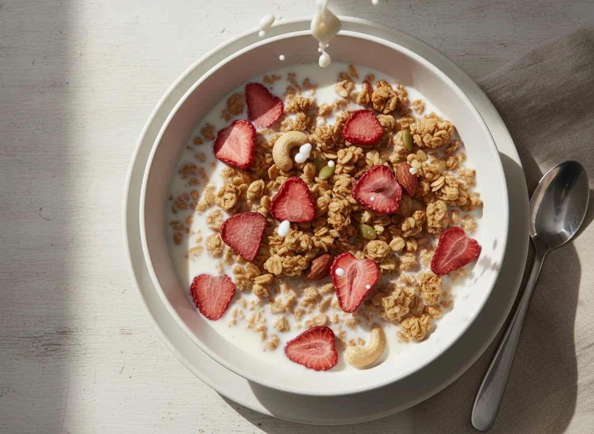 Granola with Milk and Dried Strawberries photo
