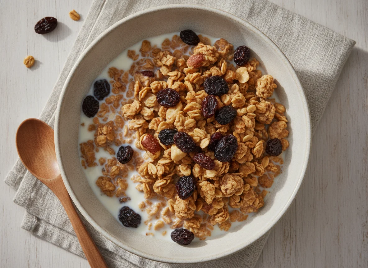 Granola with milk and raisins photo