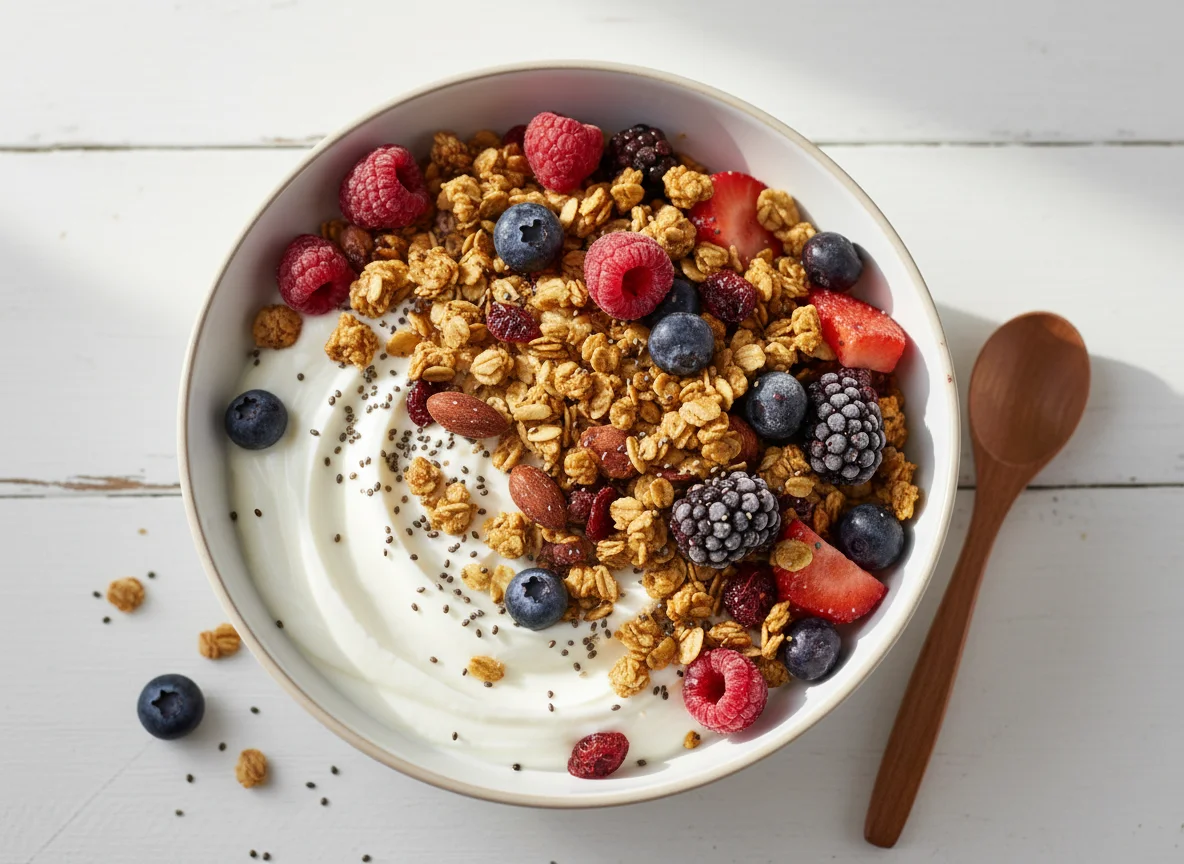 Granola with Mixed Berries, Yogurt, and Chia Seeds photo