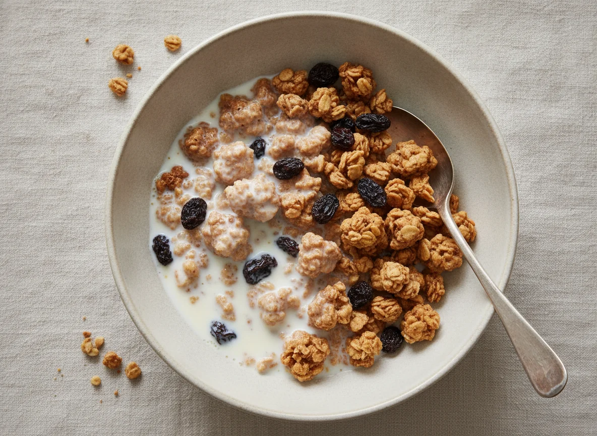 Granola with raisins and milk photo