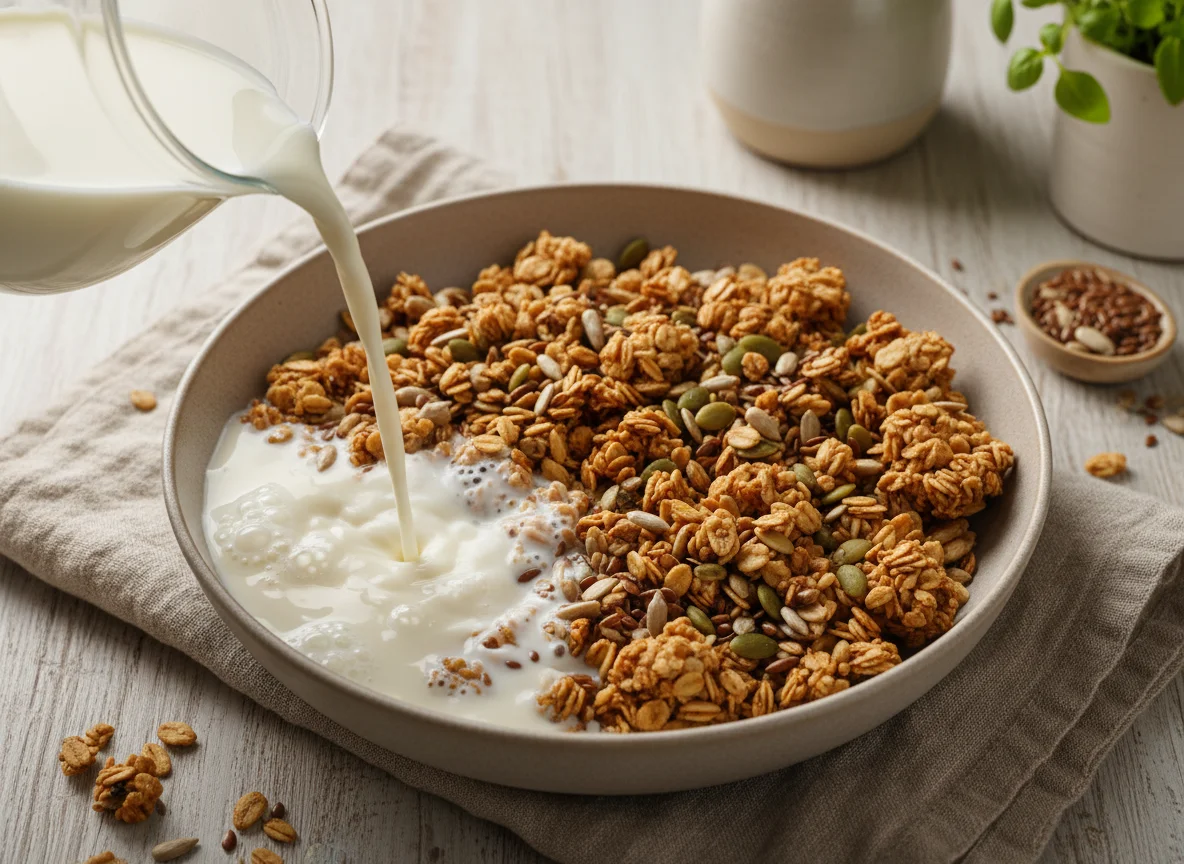 Granola with seeds and milk photo