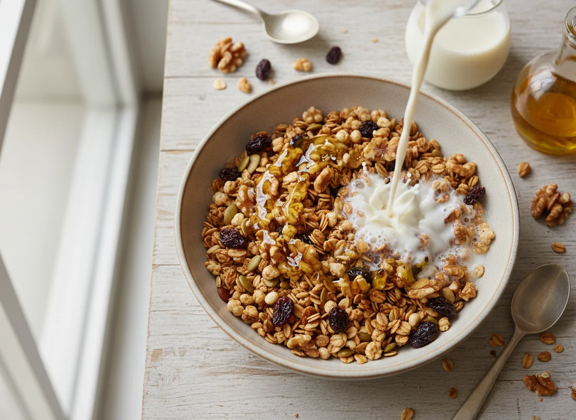 Granola with Walnuts, Raisins, Nut Oil, and Oat Milk photo