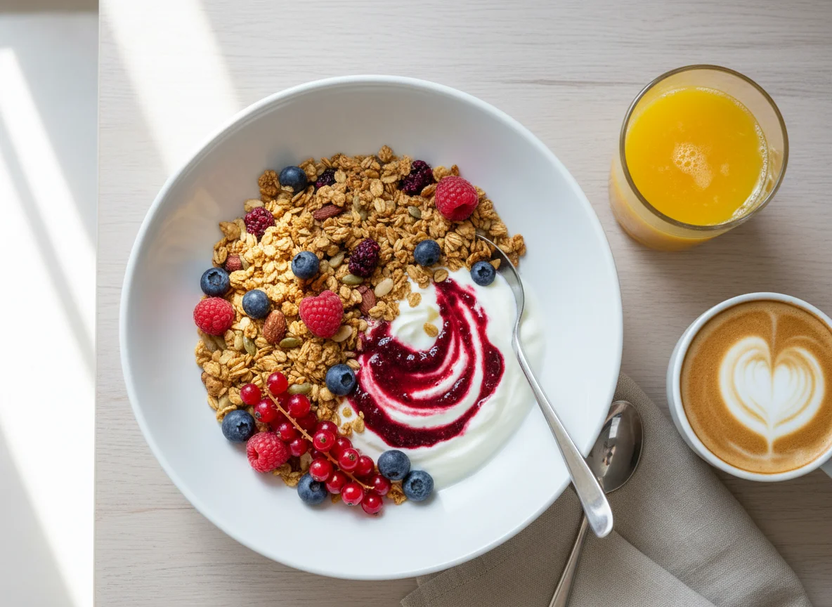 Granola with Yoghurt and Mixed Berries, served with Coffee and Orange Juice photo