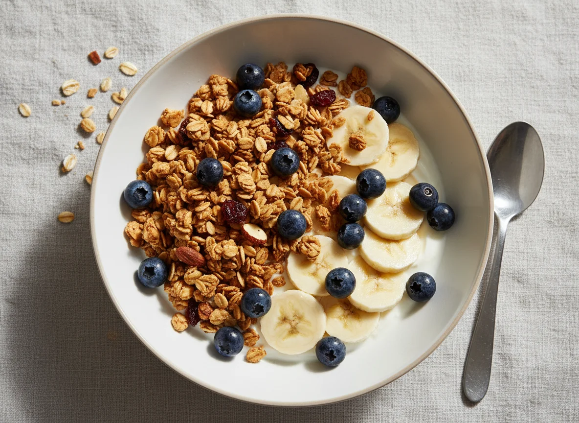 Granola with Yoghurt, Banana, and Blueberries photo