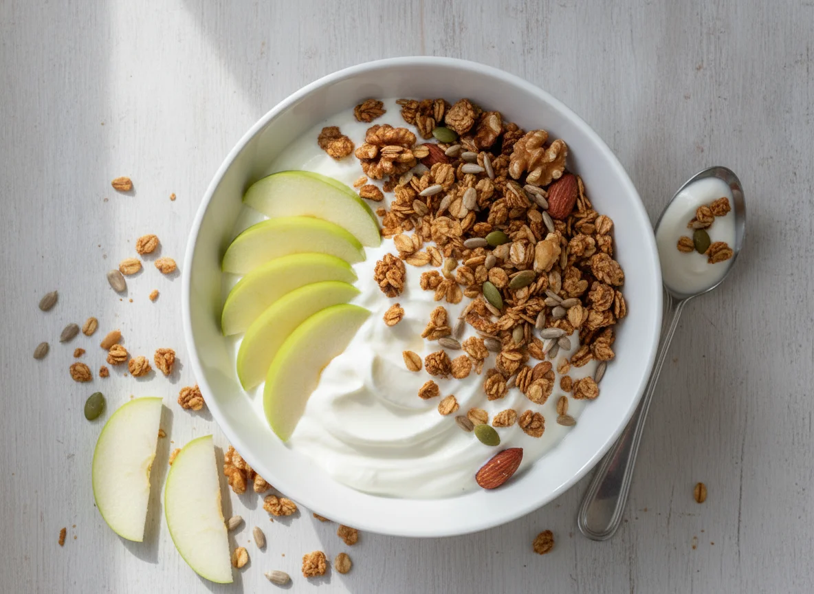 Granola with yogurt and apple photo