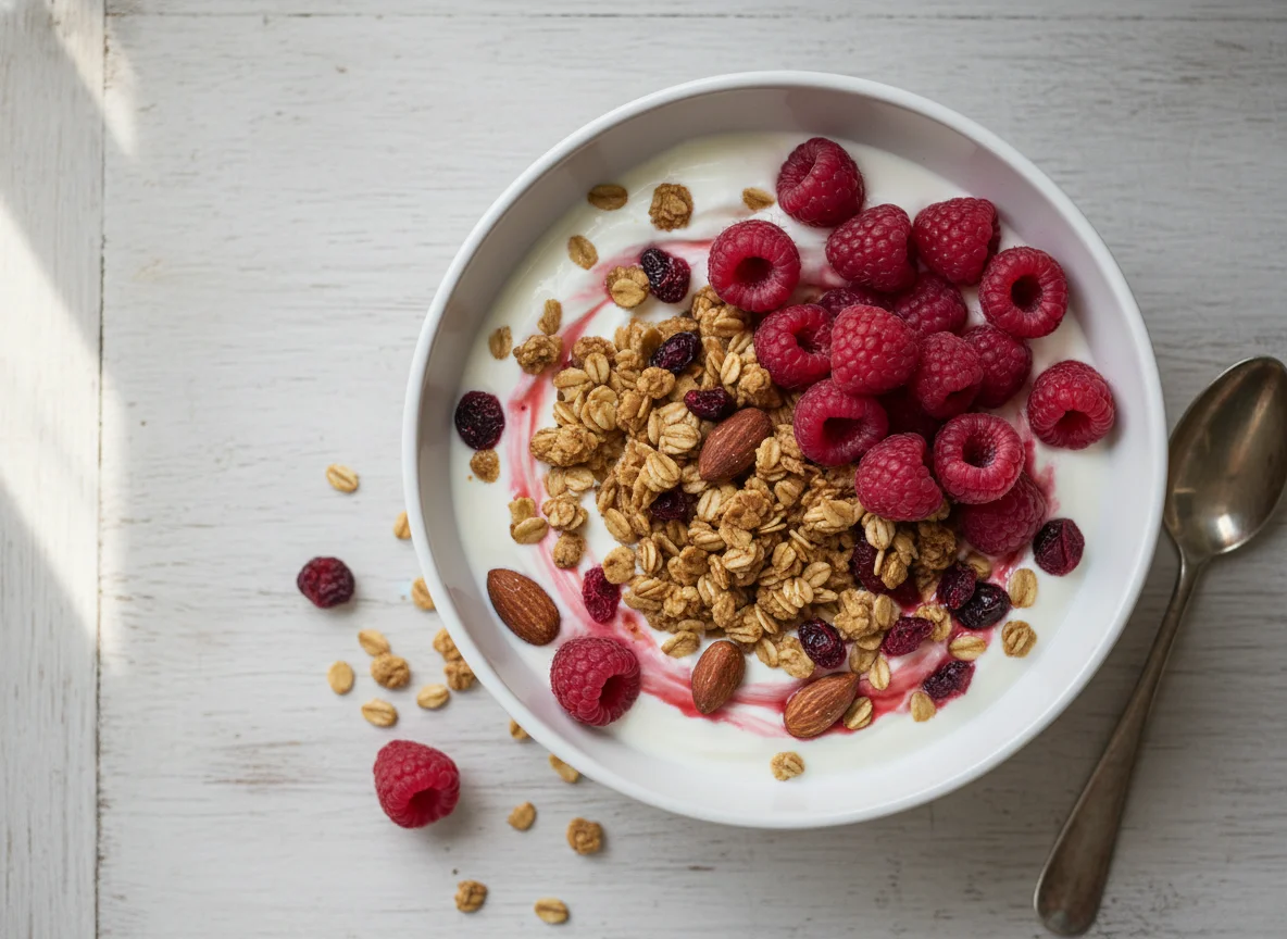 Granola with Yogurt and Raspberries photo