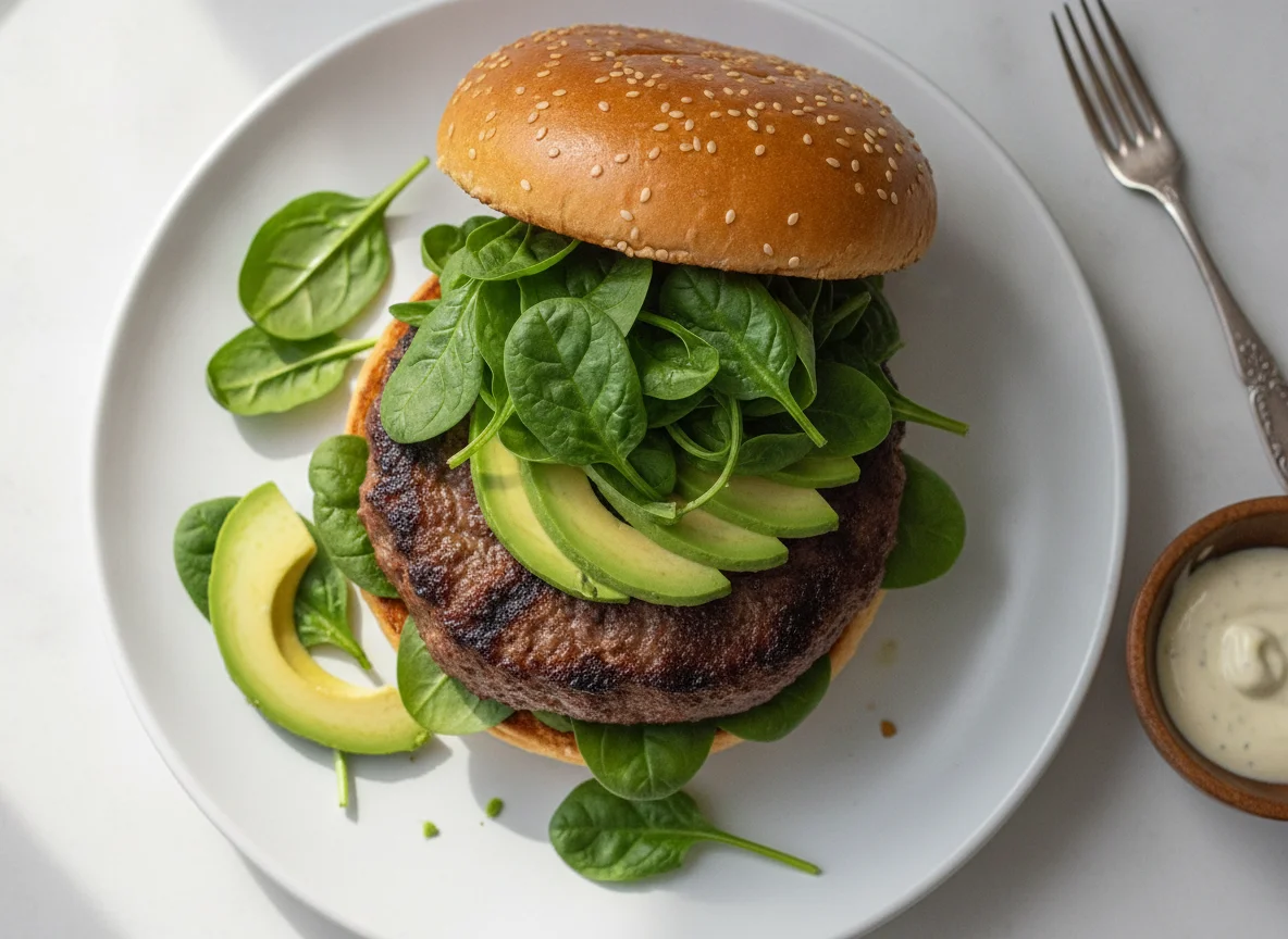 Grass Fed Burger with Spinach and Avocado photo