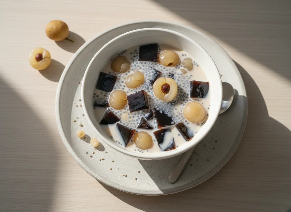 Grass Jelly and Longan with Milk and Basil Seeds photo