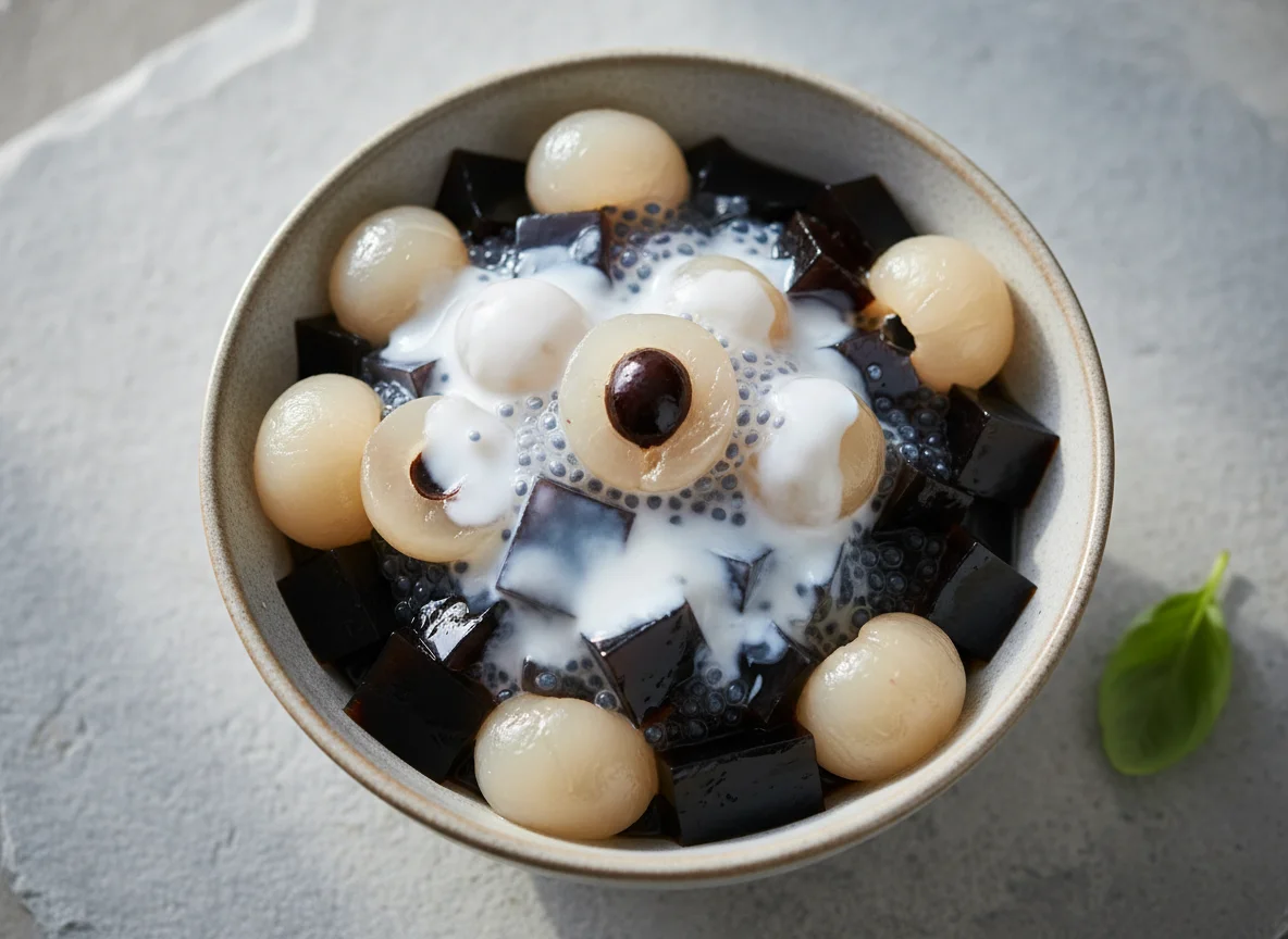 Grass Jelly with Longan and Coconut Milk photo