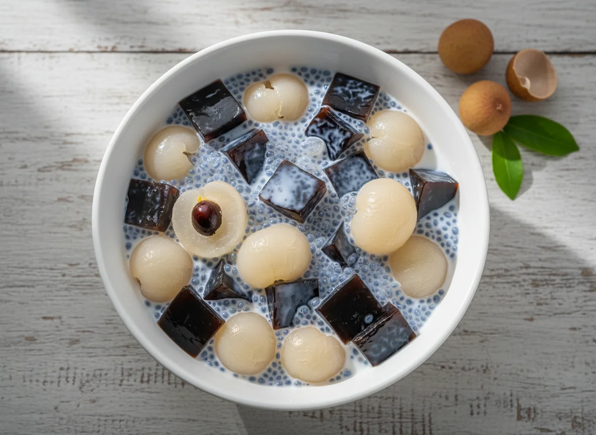 Grass Jelly with Longan and Milk photo