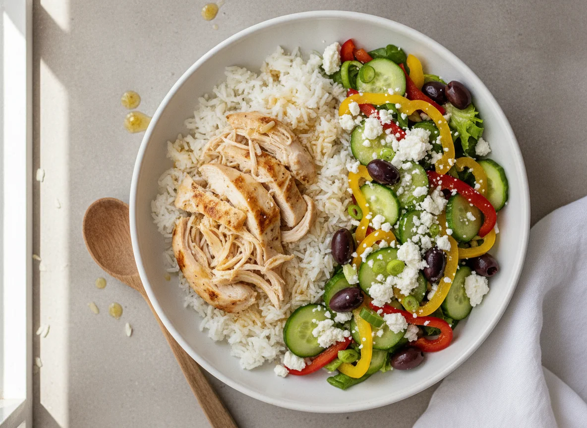 Greek Chicken Bowl with Rice and Salad photo