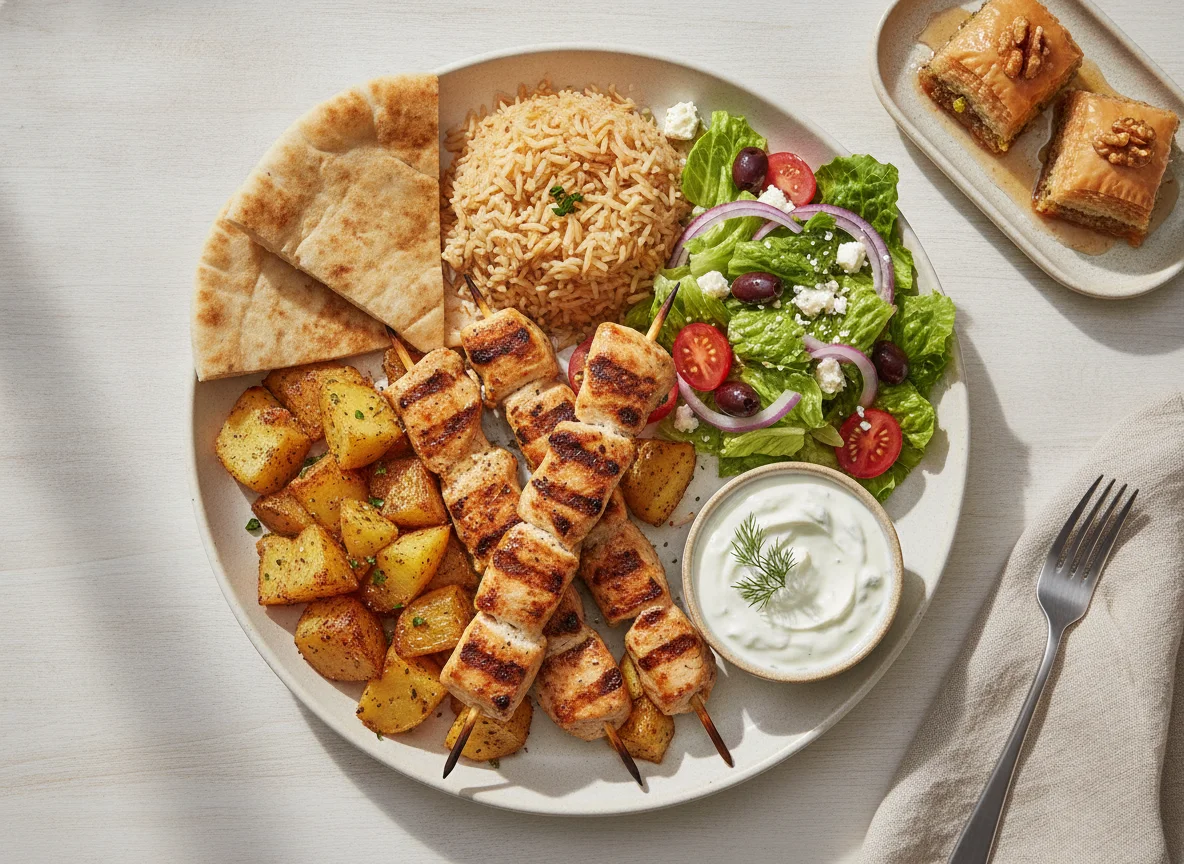 Greek Chicken Souvlaki Platter with Salad and Baklava photo