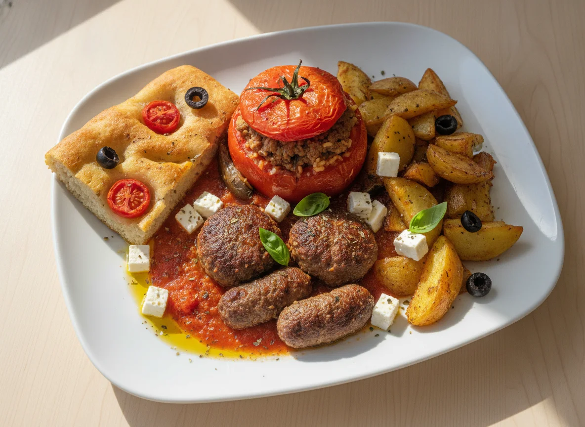 Greek Gemista with Meatballs, Feta and Focaccia photo