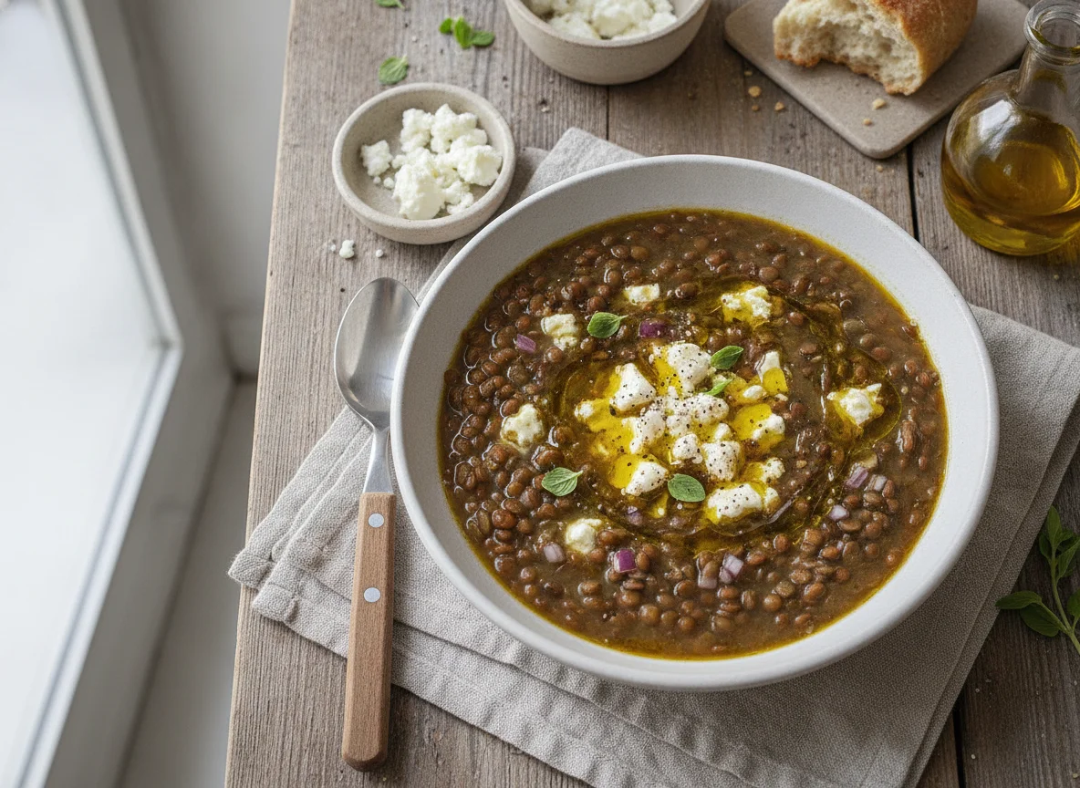 Greek Lentil Soup (Fakes) with Feta Cheese photo