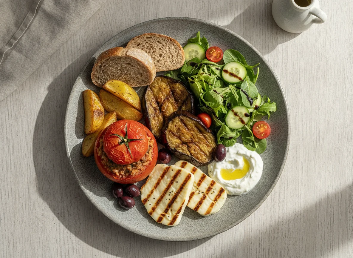 Greek Meze Platter with Gemista, Salad, and Halloumi photo