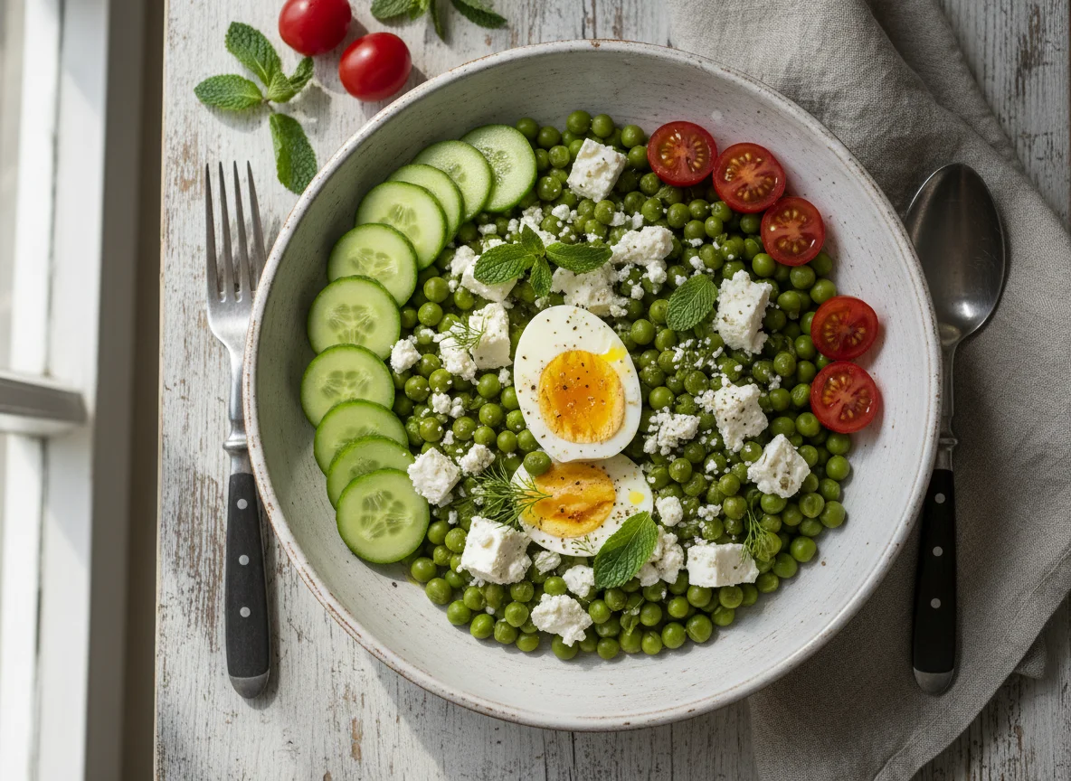 Greek Pea Stew with Feta, Boiled Egg, Cucumber, and Cherry Tomatoes photo