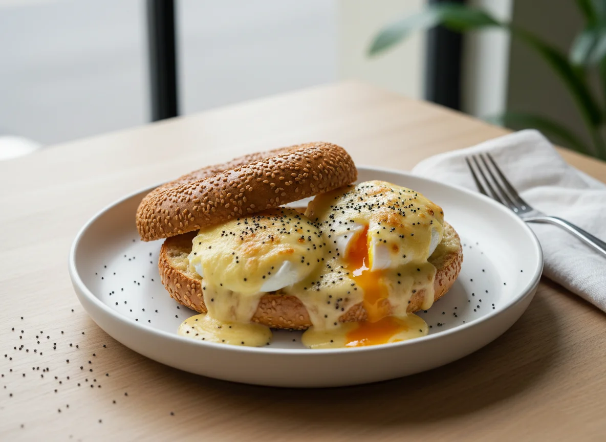 Greek Poached Eggs on Bagel with Béchamel Sauce photo