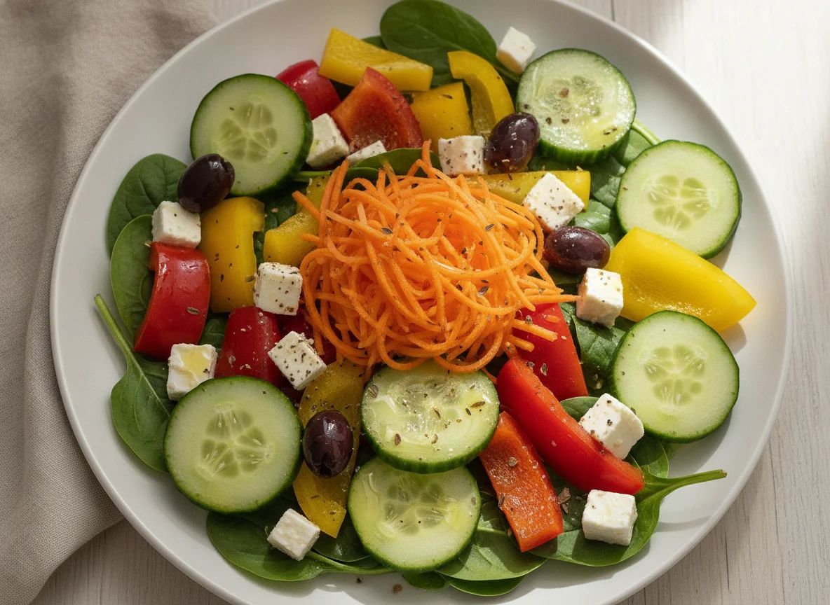 Greek Salad with Bell Peppers and Carrots photo