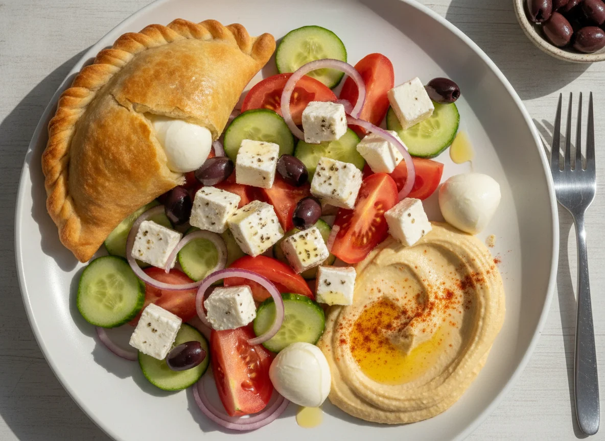 Greek salad with empanada and hummus photo