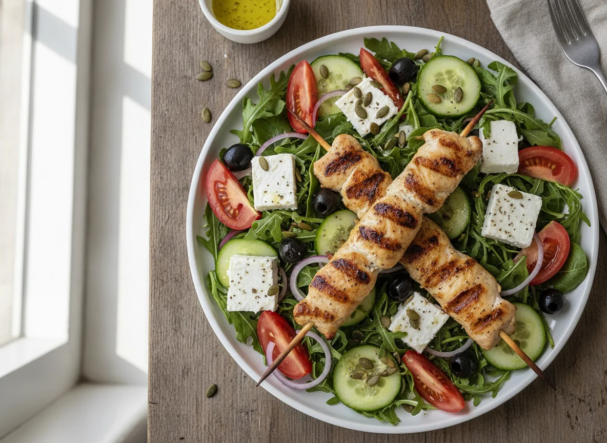 Greek salad with grilled chicken photo