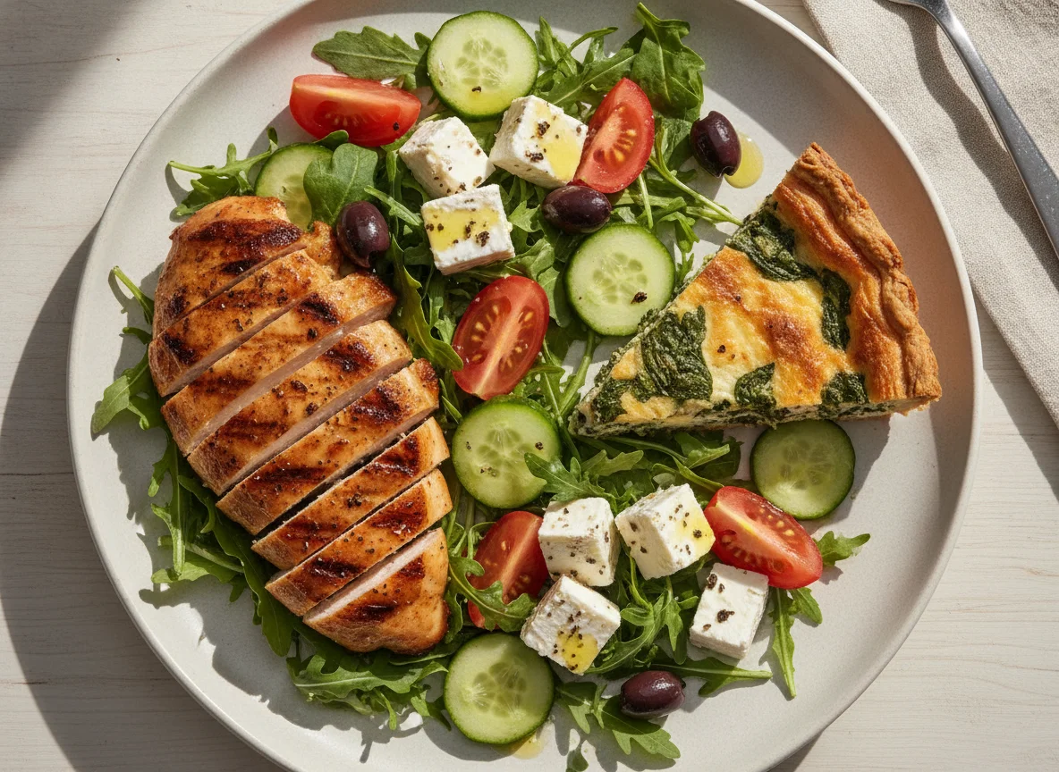 Greek Salad with Grilled Chicken and Spinach Quiche photo