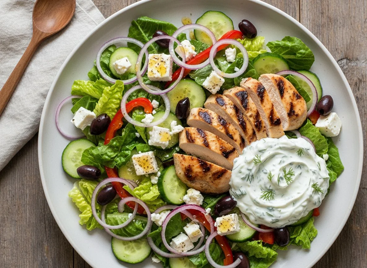 Greek Salad with Grilled Chicken and Tzatziki photo