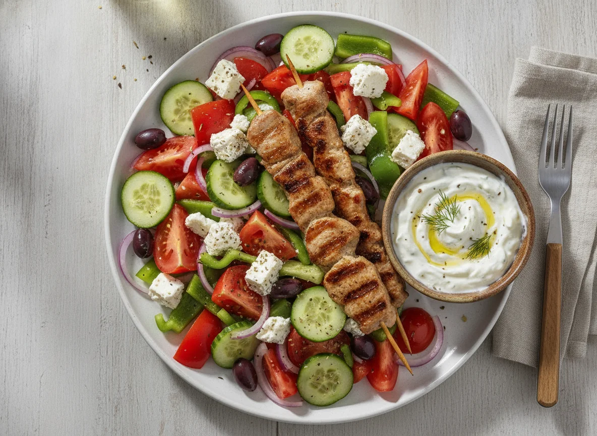 Greek Salad with Grilled Meat and Tzatziki photo