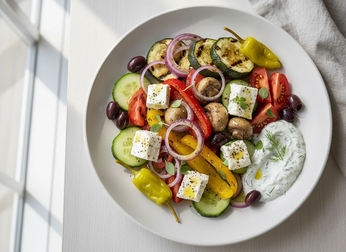 Greek Salad with Grilled Vegetables and Tzatziki photo