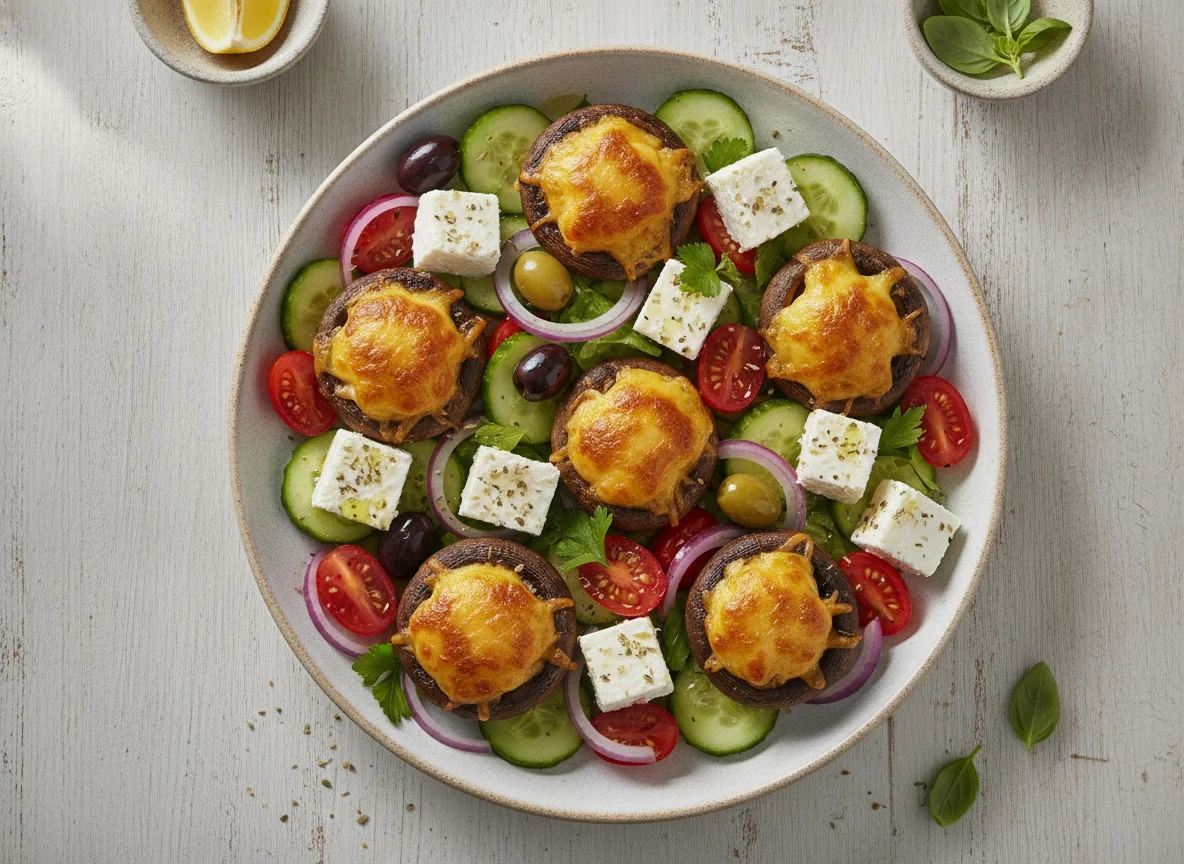 Greek salad with stuffed mushrooms photo