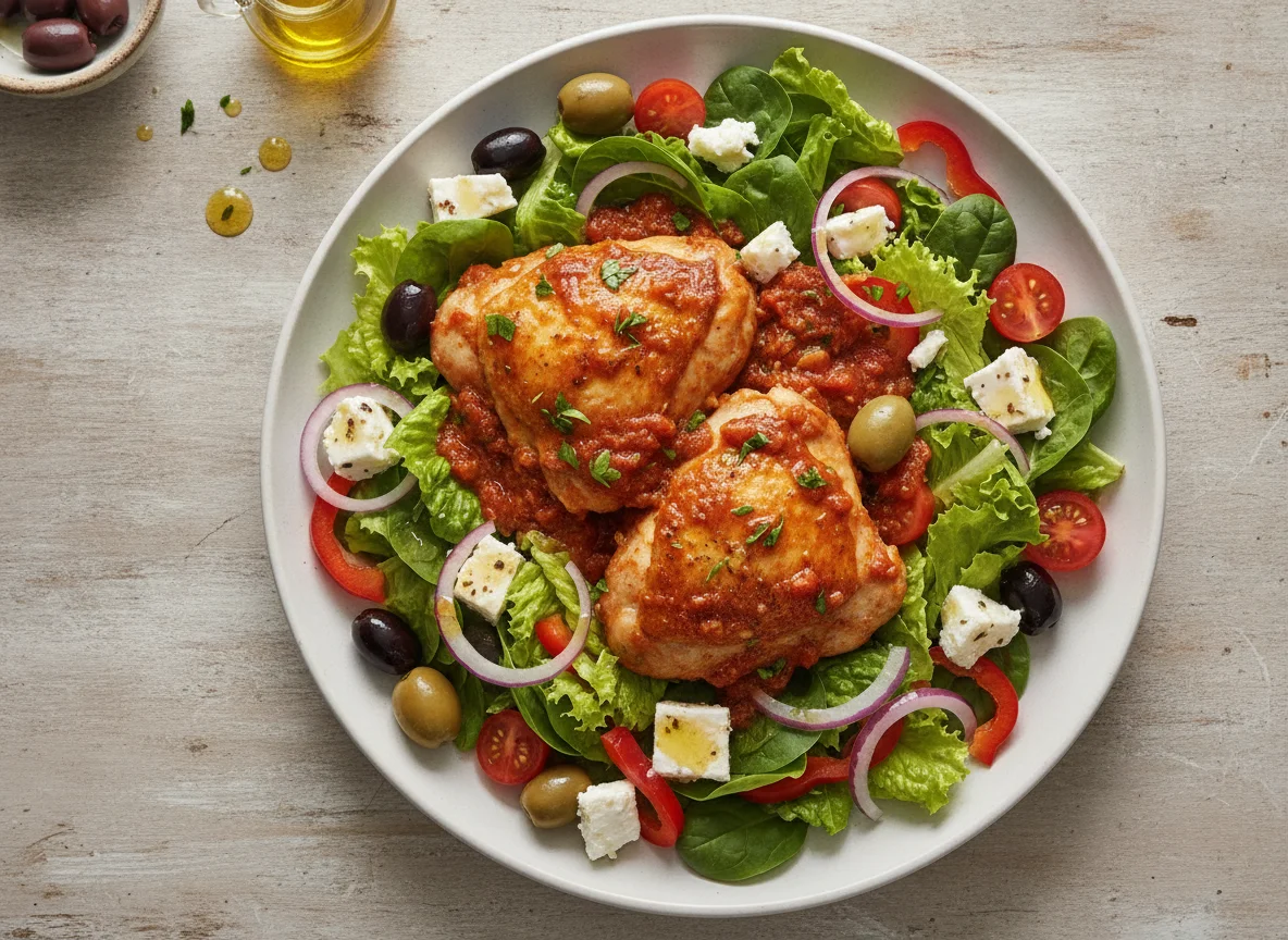 Greek Salad with Tomato Braised Chicken photo