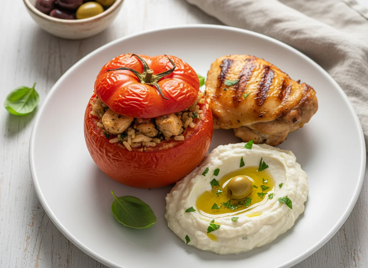 Greek Stuffed Tomato with Chicken and Skordalia photo