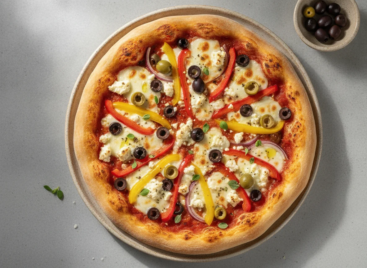 Greek Style Pizza with Olives and Feta photo