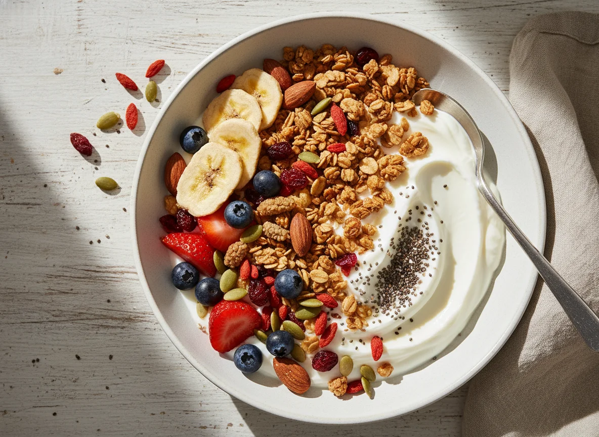 Greek Yoghurt Bowl with Granola and Fruits photo