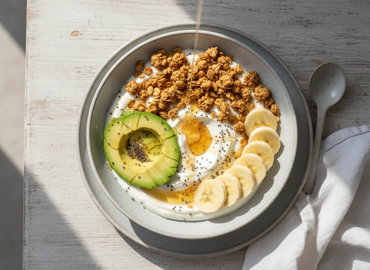Greek yogurt bowl with avocado and banana photo